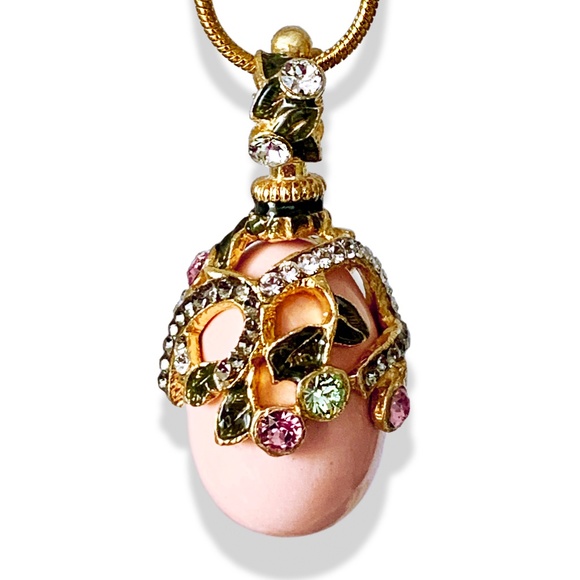 PINK CORAL STERLING Silver Faberge Art Deco Egg Pendant Swarovski Enamel Gold - Picture 1 of 3